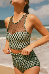 Dotted Mesh Plaid Patchwork High Waisted Swim Set OutfitFlow